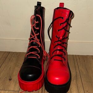 Dolls Kill Red and Black Combat Moto Boots with Platform Sole